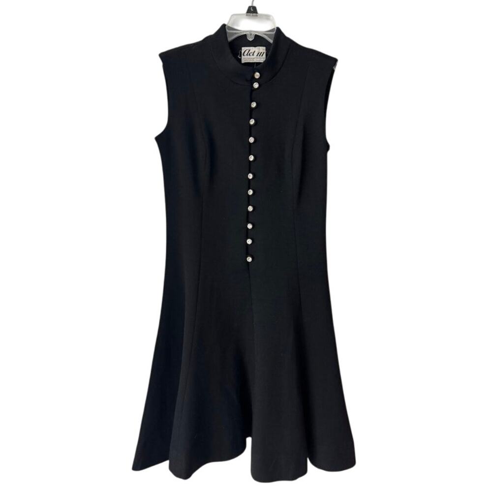 Vintage Act III Mod Black Wool Dress w/ Rhinestone Buttons